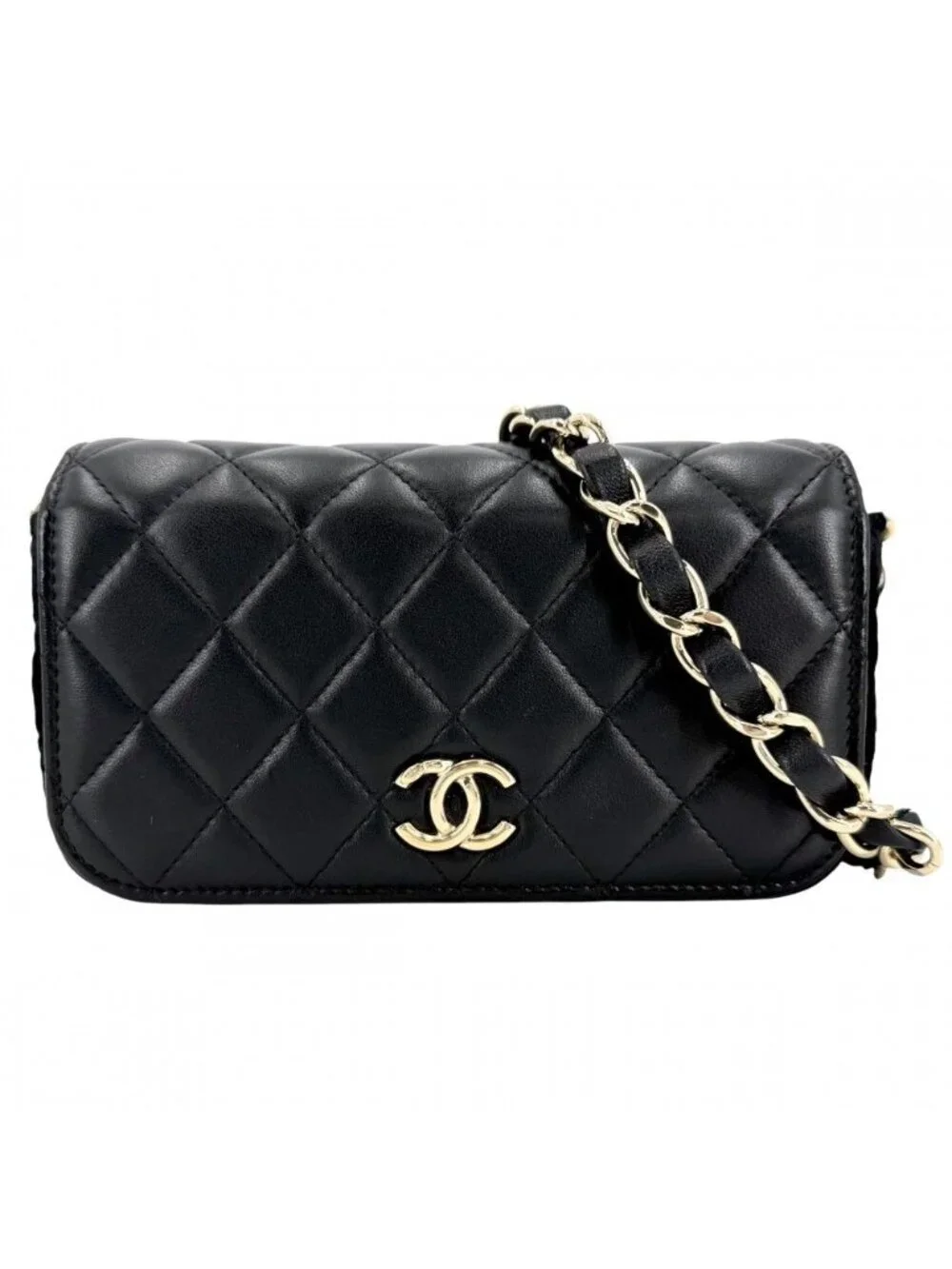 Chanel Shoulder Bag Quilted Flap Chain Knit Crossbody CC Logo Lambskin Black